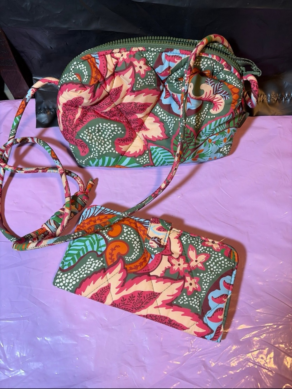 Vera Bradley Pink & Green Floral Quilted Crossbody with Matching Wallet